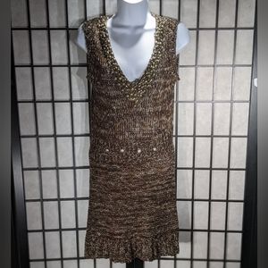 VERTIGO PARIS Brown cream knit sleeveless V neck Sweater Dress Mini Small Medium